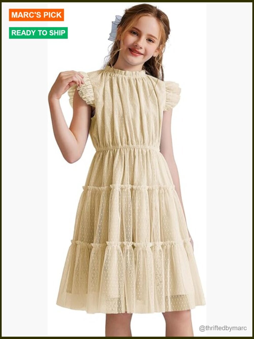 Girls Tulle Dress Elastic Neck Waist Ruffle Sleeve Tiered Skirt Party Casual